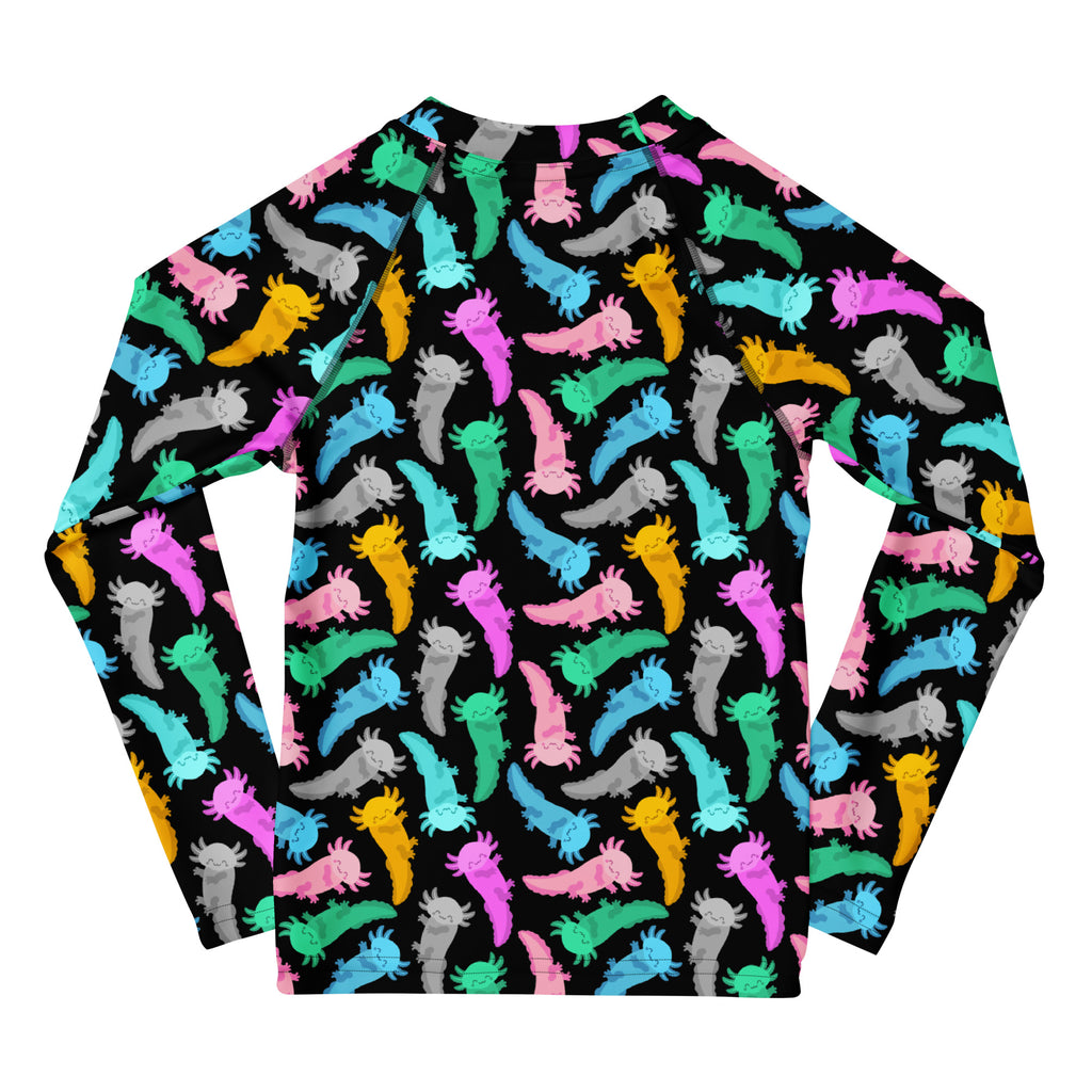 Kids Colorful Axolotl Long Sleeve Rash Guard Swim Shirt – Buttery Soft, Sun Safe UPF 50+ Protection, Quick Dry & 4-Way Stretch Comfort