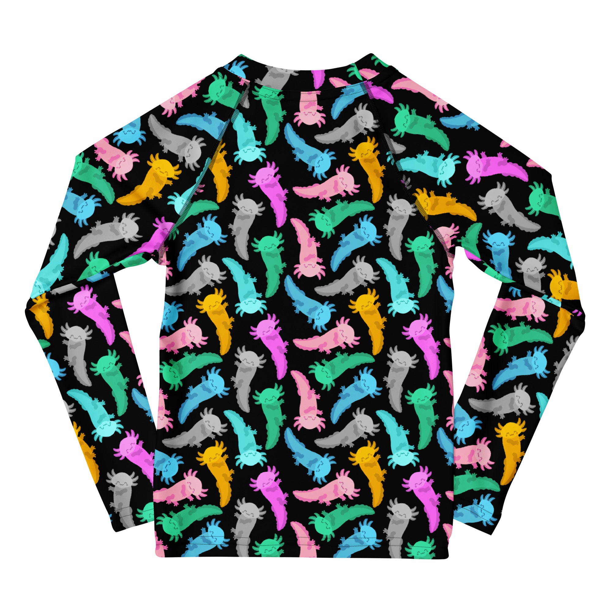 Kids Colorful Axolotl Long Sleeve Rash Guard Swim Shirt – Buttery Soft, Sun Safe UPF 50+ Protection, Quick Dry & 4-Way Stretch Comfort