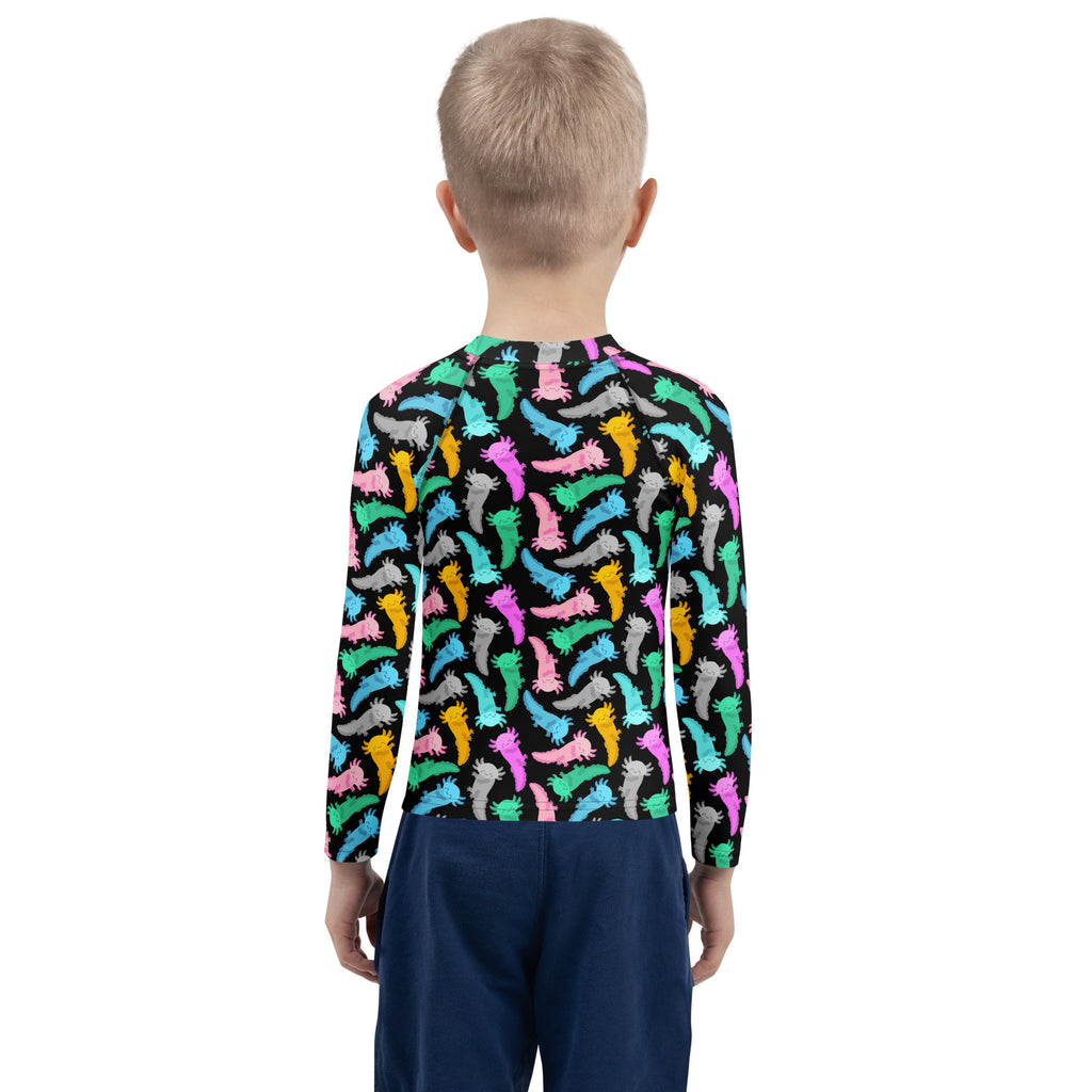 Kids Colorful Axolotl Long Sleeve Rash Guard Swim Shirt – Buttery Soft, Sun Safe UPF 50+ Protection, Quick Dry & 4-Way Stretch Comfort