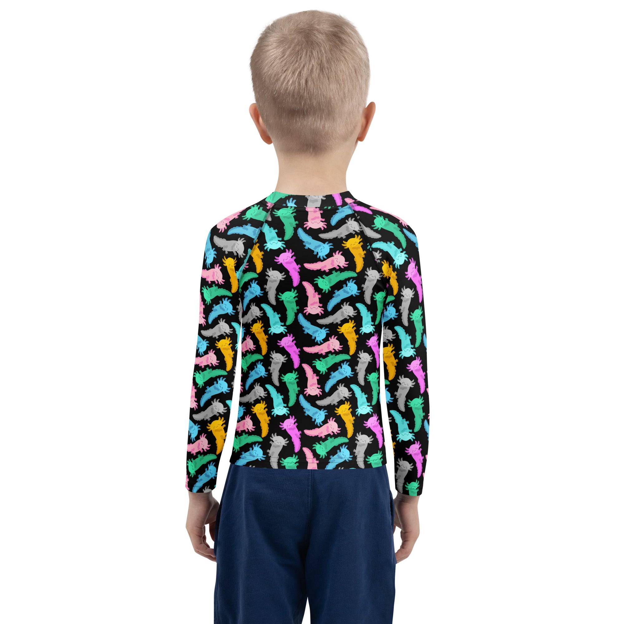 Kids Colorful Axolotl Long Sleeve Rash Guard Swim Shirt – Buttery Soft, Sun Safe UPF 50+ Protection, Quick Dry & 4-Way Stretch Comfort