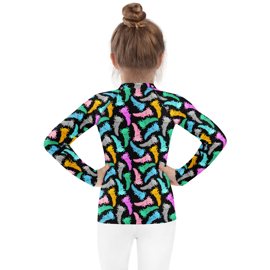 Kids Colorful Axolotl Long Sleeve Rash Guard Swim Shirt – Buttery Soft, Sun Safe UPF 50+ Protection, Quick Dry & 4-Way Stretch Comfort