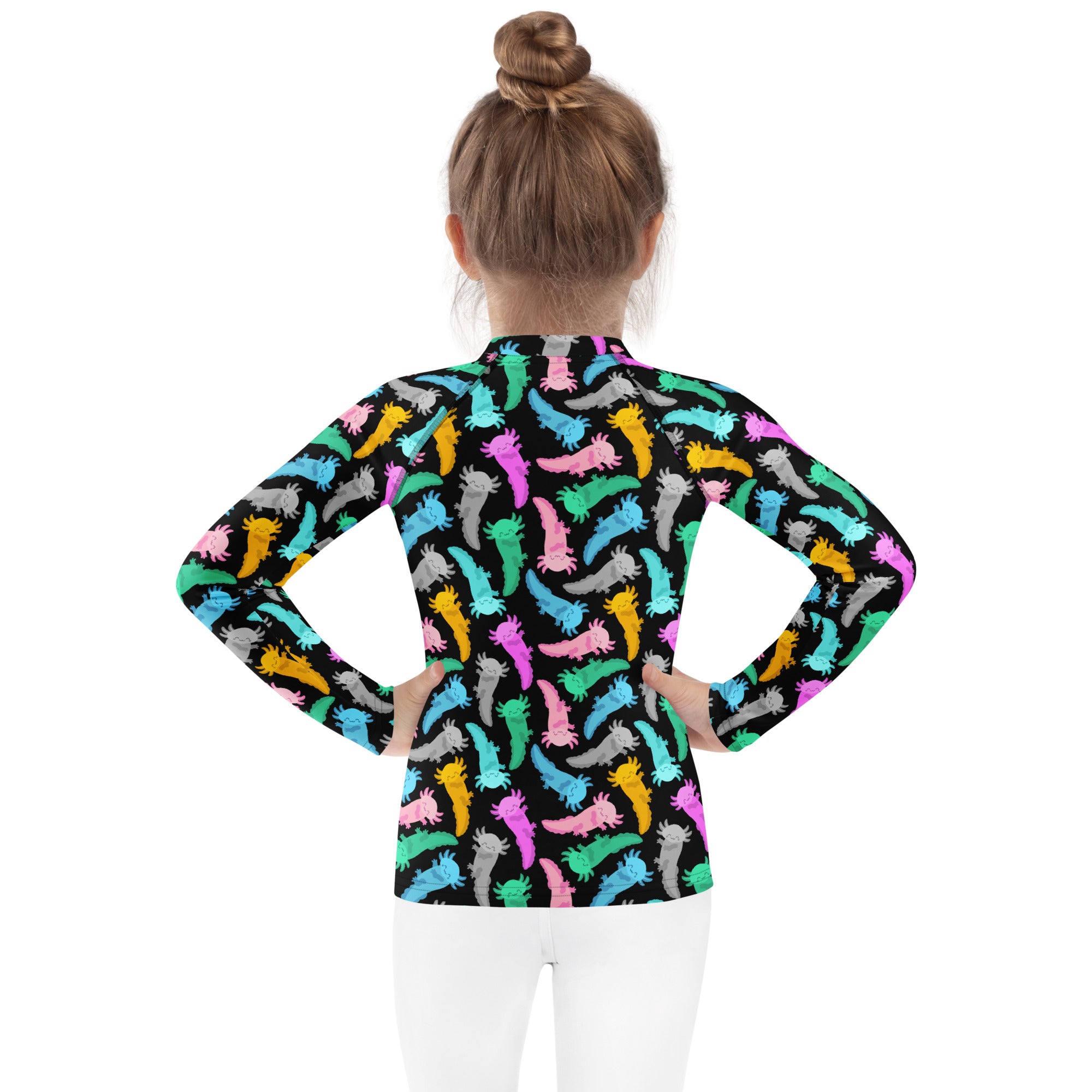 Kids Colorful Axolotl Long Sleeve Rash Guard Swim Shirt – Buttery Soft, Sun Safe UPF 50+ Protection, Quick Dry & 4-Way Stretch Comfort