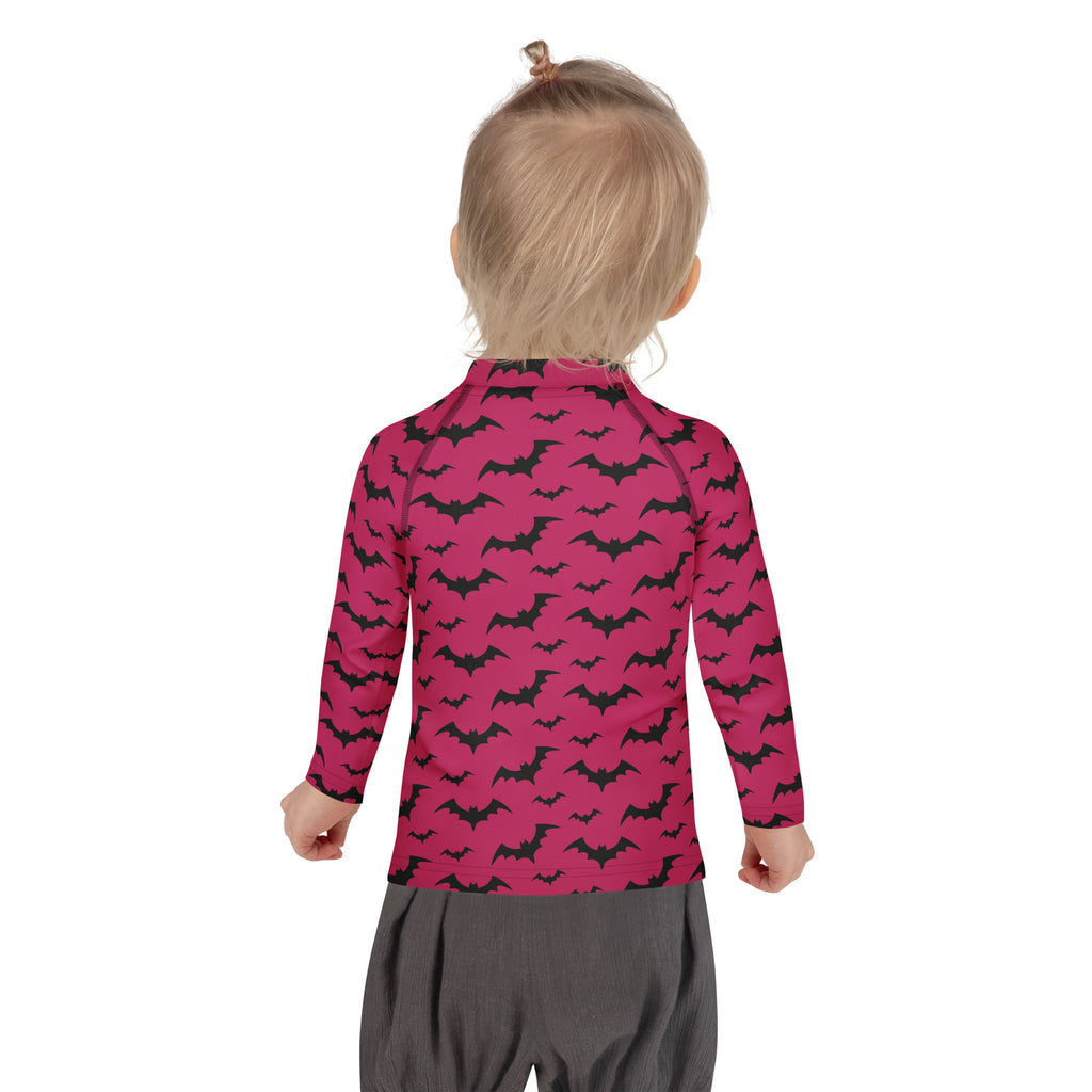 Kids Pink Halloween Bats Long Sleeve Rash Guard Swim Shirt – Buttery Soft, Sun Safe UPF 50+ Protection, Quick Dry & 4-Way Stretch Comfort