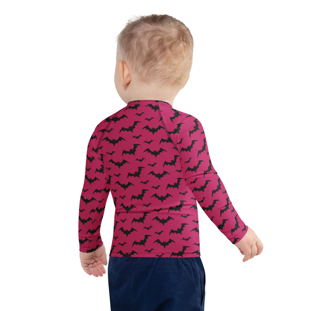 Kids Pink Halloween Bats Long Sleeve Rash Guard Swim Shirt – Buttery Soft, Sun Safe UPF 50+ Protection, Quick Dry & 4-Way Stretch Comfort