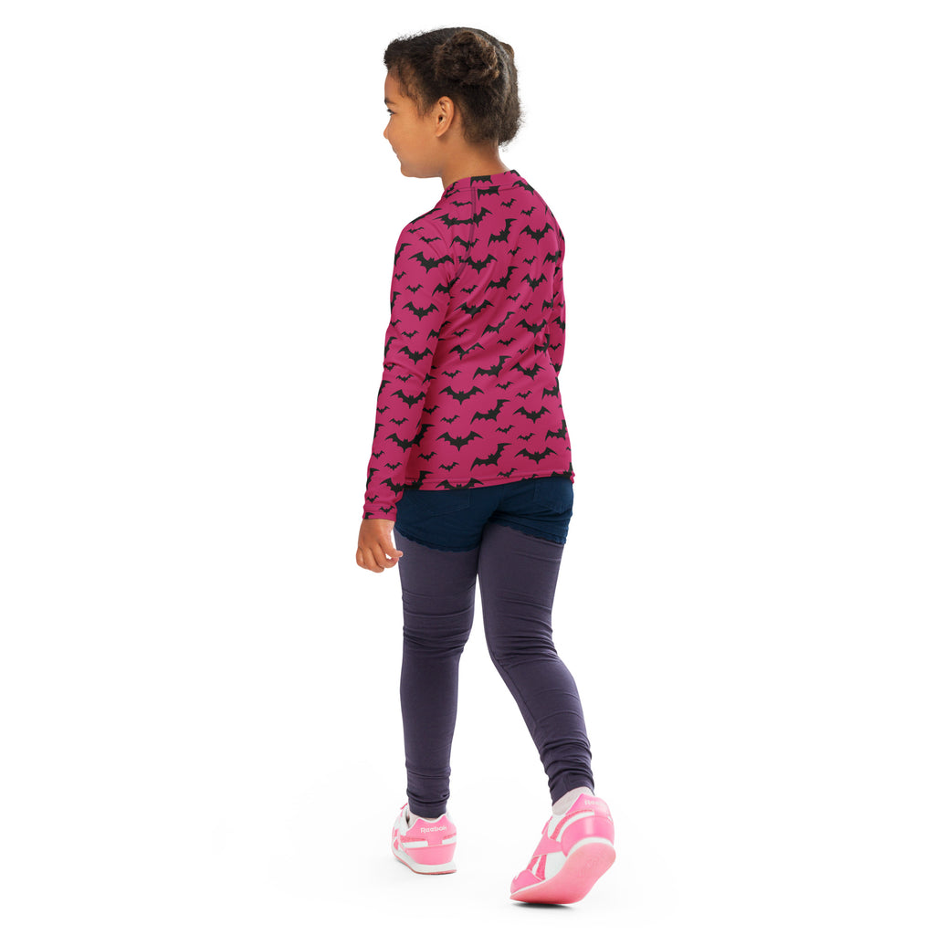Kids Pink Halloween Bats Long Sleeve Rash Guard Swim Shirt – Buttery Soft, Sun Safe UPF 50+ Protection, Quick Dry & 4-Way Stretch Comfort