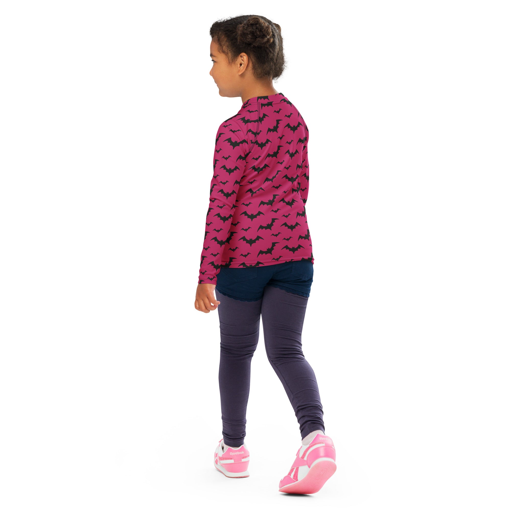 Kids Pink Halloween Bats Long Sleeve Rash Guard Swim Shirt – Buttery Soft, Sun Safe UPF 50+ Protection, Quick Dry & 4-Way Stretch Comfort