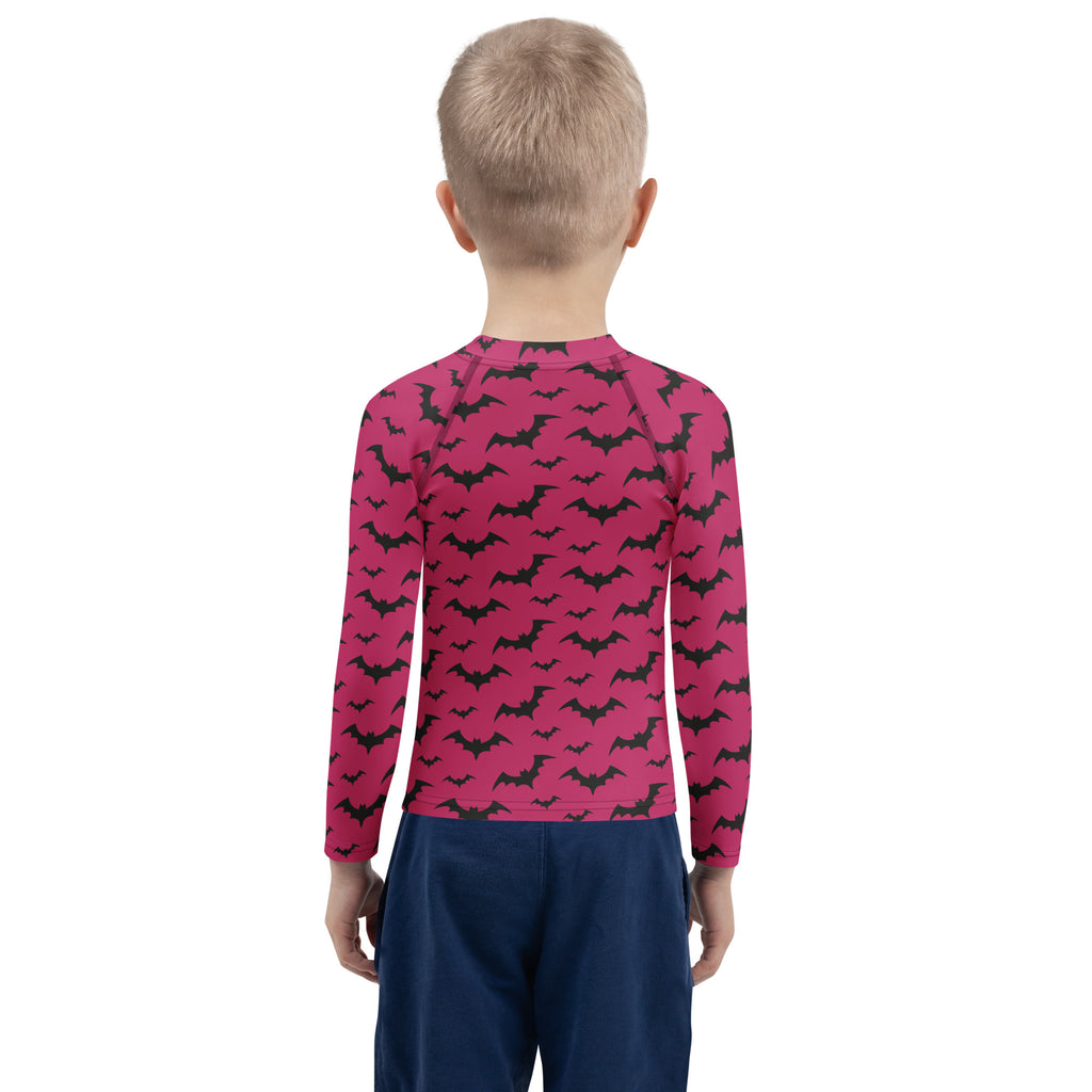 Kids Pink Halloween Bats Long Sleeve Rash Guard Swim Shirt – Buttery Soft, Sun Safe UPF 50+ Protection, Quick Dry & 4-Way Stretch Comfort