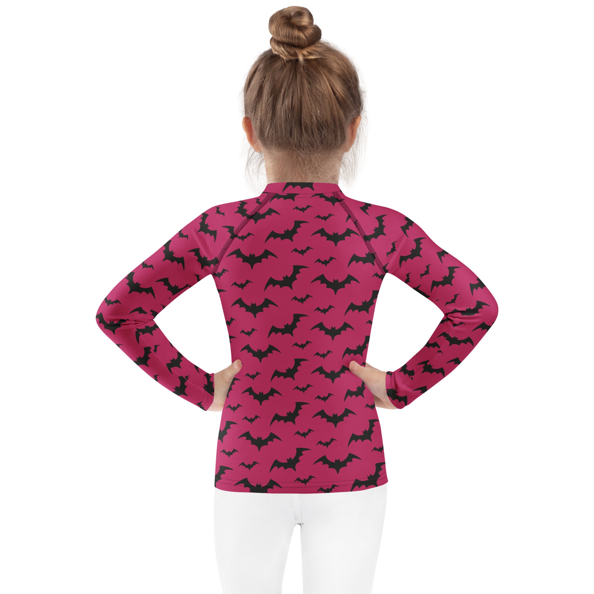 Kids Pink Halloween Bats Long Sleeve Rash Guard Swim Shirt – Buttery Soft, Sun Safe UPF 50+ Protection, Quick Dry & 4-Way Stretch Comfort