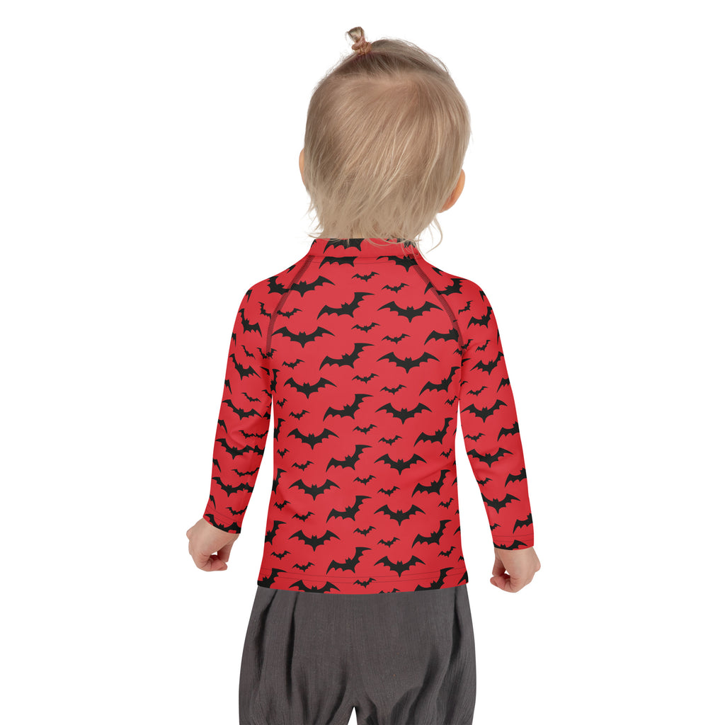 Kids Red Halloween Bats Long Sleeve Rash Guard Swim Shirt – Buttery Soft, Sun Safe UPF 50+ Protection, Quick Dry & 4-Way Stretch Comfort