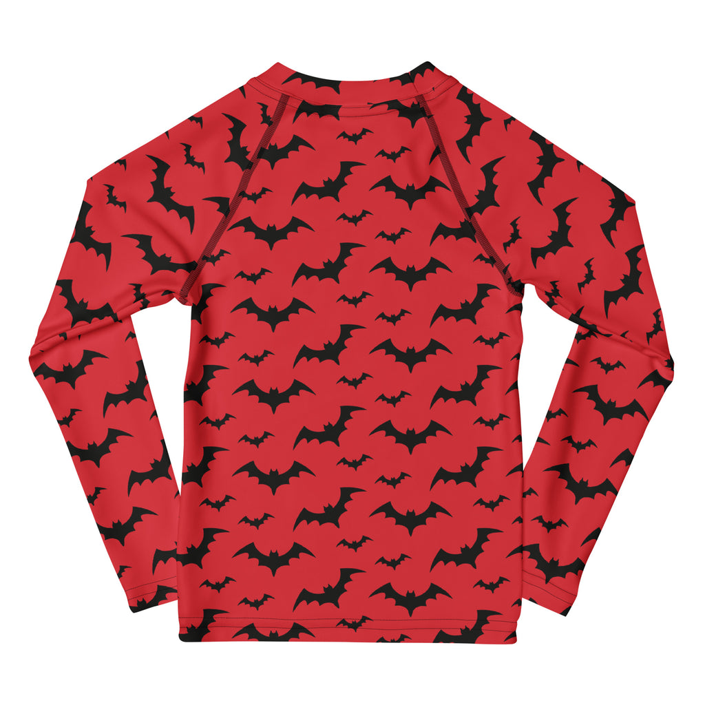 Kids Red Halloween Bats Long Sleeve Rash Guard Swim Shirt – Buttery Soft, Sun Safe UPF 50+ Protection, Quick Dry & 4-Way Stretch Comfort