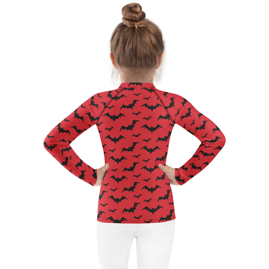 Kids Red Halloween Bats Long Sleeve Rash Guard Swim Shirt – Buttery Soft, Sun Safe UPF 50+ Protection, Quick Dry & 4-Way Stretch Comfort