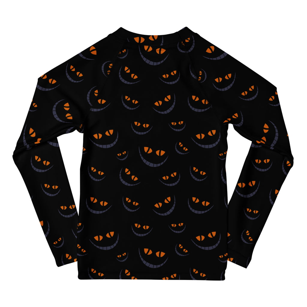 Girls Creepy Cat Smile Halloween Long Sleeve Rash Guard Swim Shirt – Buttery Soft, Sun Safe UPF 50+ Protection, Quick Dry & 4-Way Stretch Comfort