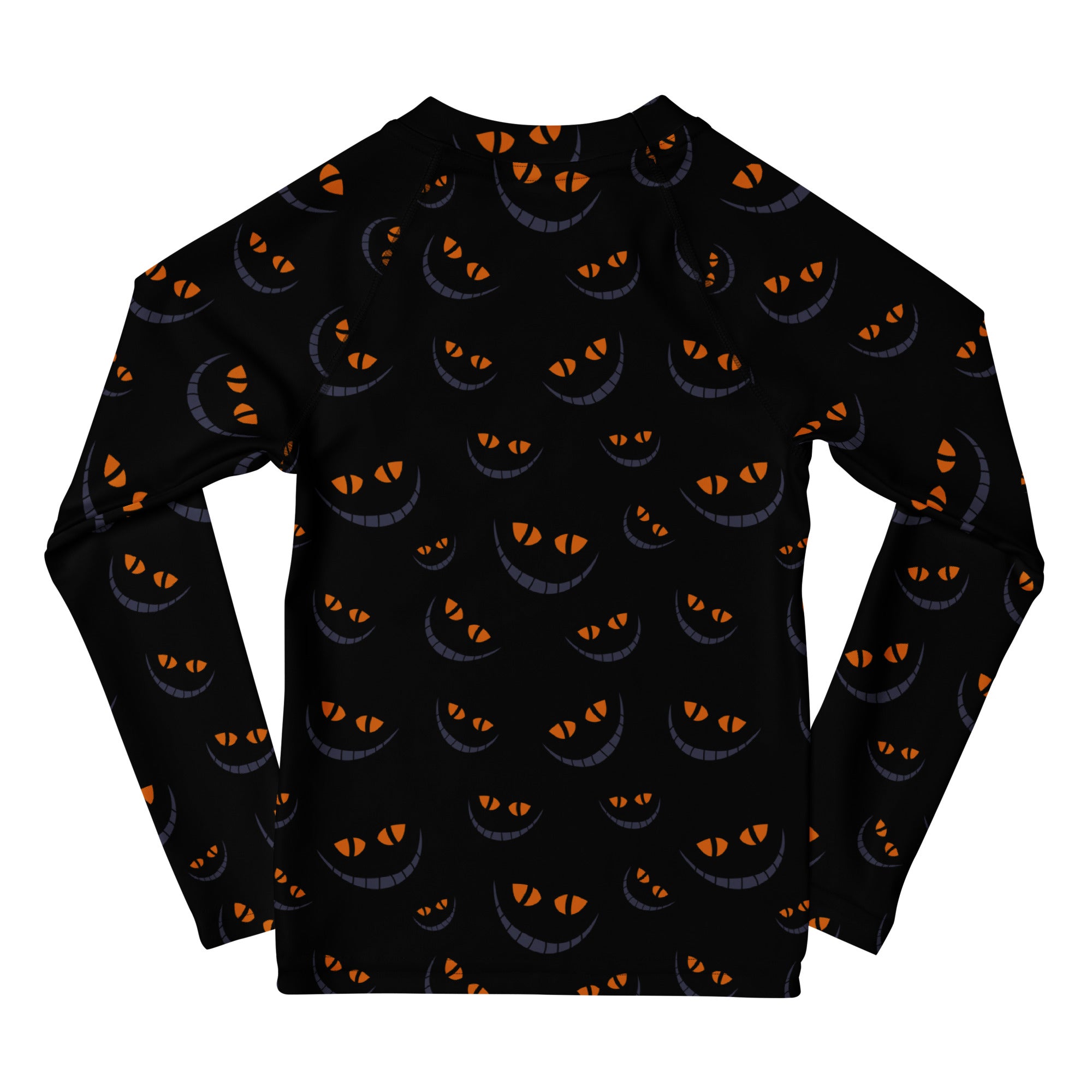 Girls Creepy Cat Smile Halloween Long Sleeve Rash Guard Swim Shirt – Buttery Soft, Sun Safe UPF 50+ Protection, Quick Dry & 4-Way Stretch Comfort