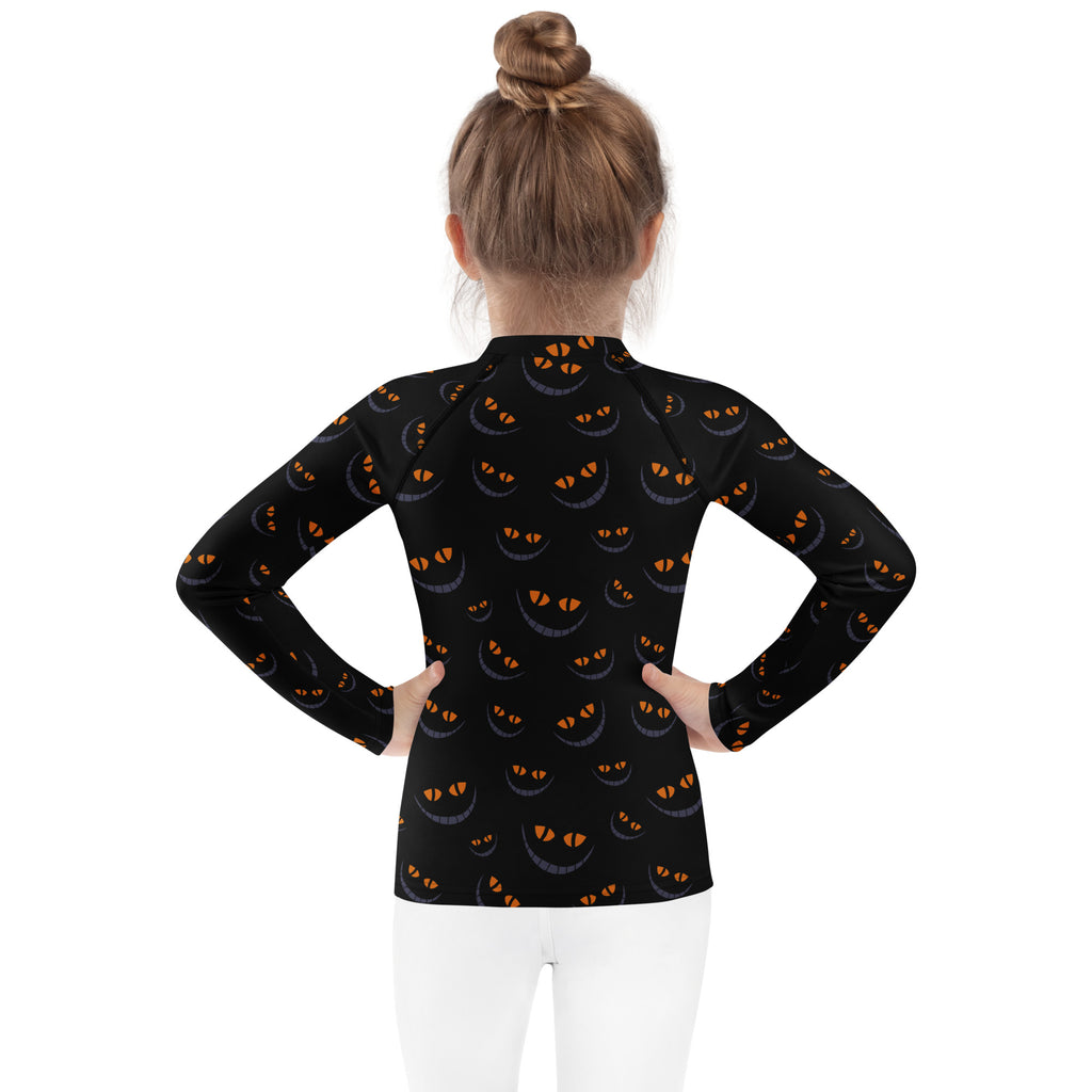 Girls Creepy Cat Smile Halloween Long Sleeve Rash Guard Swim Shirt – Buttery Soft, Sun Safe UPF 50+ Protection, Quick Dry & 4-Way Stretch Comfort