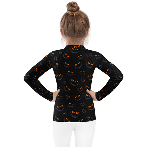 Girls Creepy Cat Smile Halloween Long Sleeve Rash Guard Swim Shirt – Buttery Soft, Sun Safe UPF 50+ Protection, Quick Dry & 4-Way Stretch Comfort
