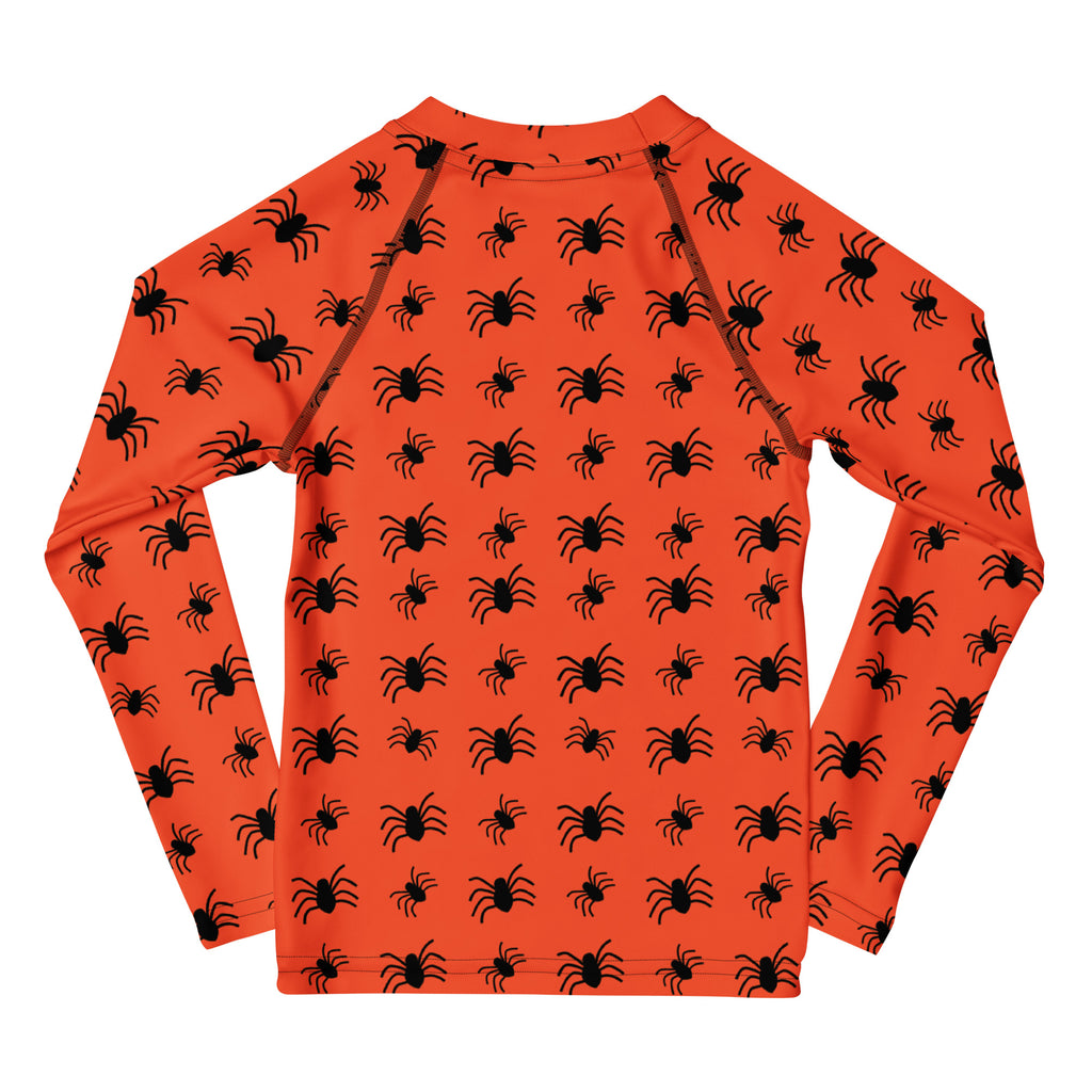 Kids Orange Halloween Spiders Long Sleeve Rash Guard Swim Shirt – Buttery Soft, Sun Safe UPF 50+ Protection, Quick Dry & 4-Way Stretch Comfort
