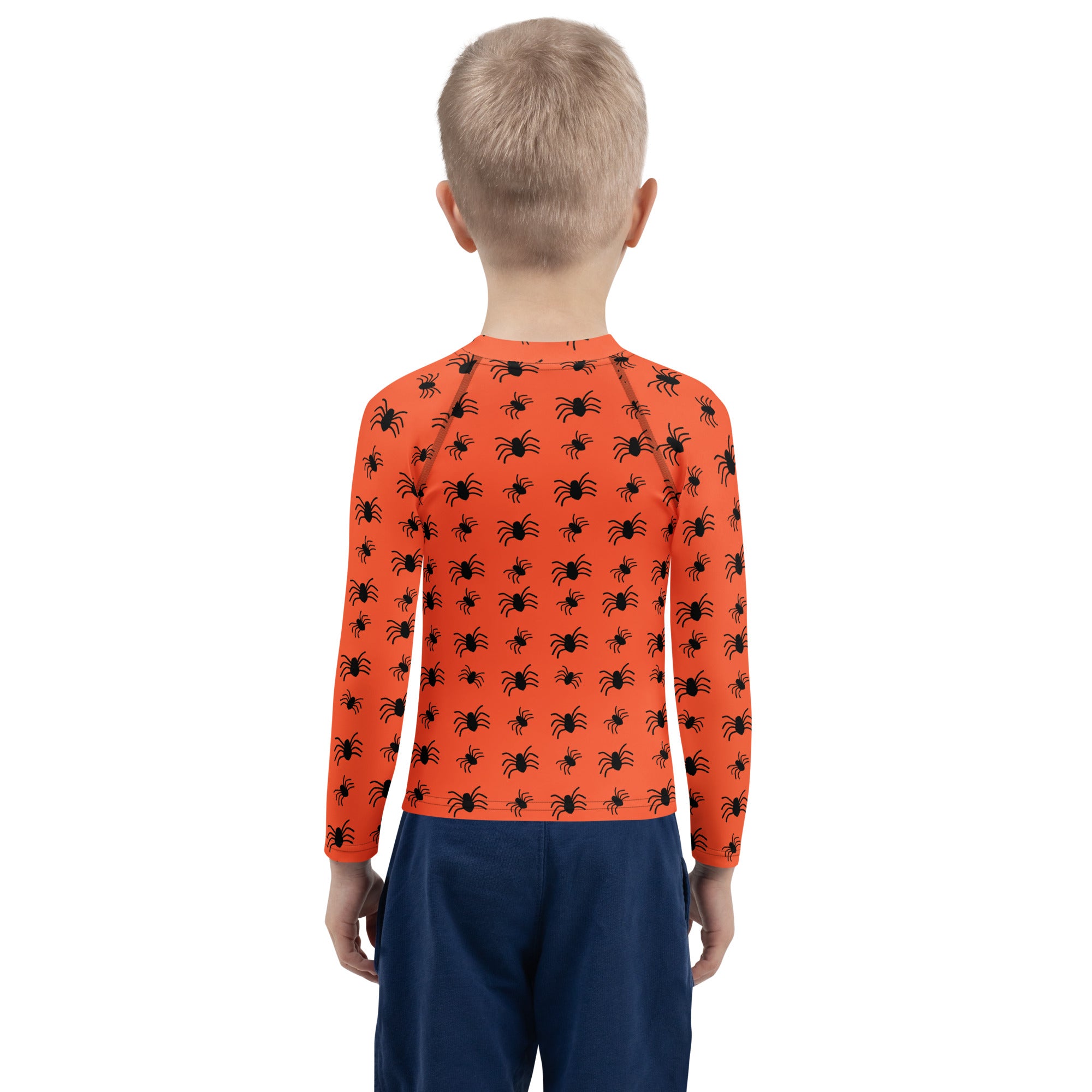 Kids Orange Halloween Spiders Long Sleeve Rash Guard Swim Shirt – Buttery Soft, Sun Safe UPF 50+ Protection, Quick Dry & 4-Way Stretch Comfort