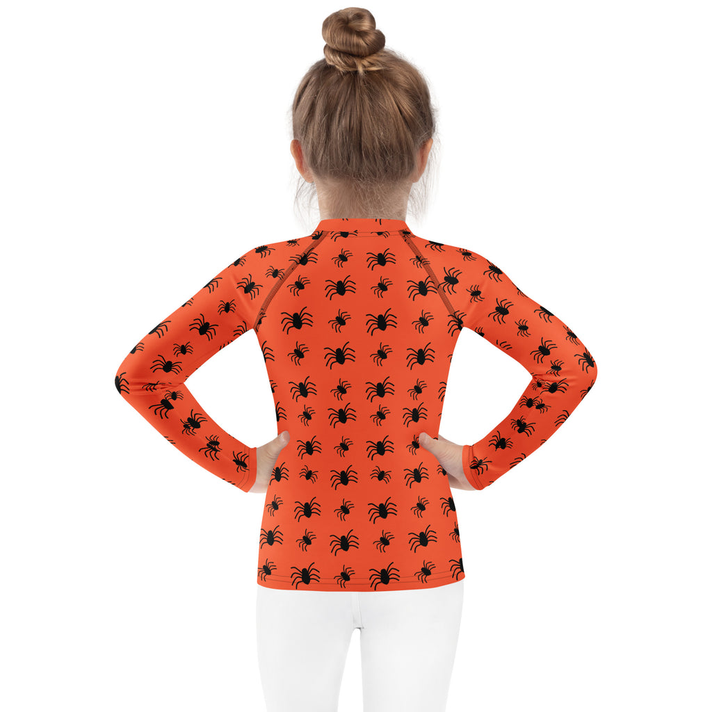Kids Orange Halloween Spiders Long Sleeve Rash Guard Swim Shirt – Buttery Soft, Sun Safe UPF 50+ Protection, Quick Dry & 4-Way Stretch Comfort