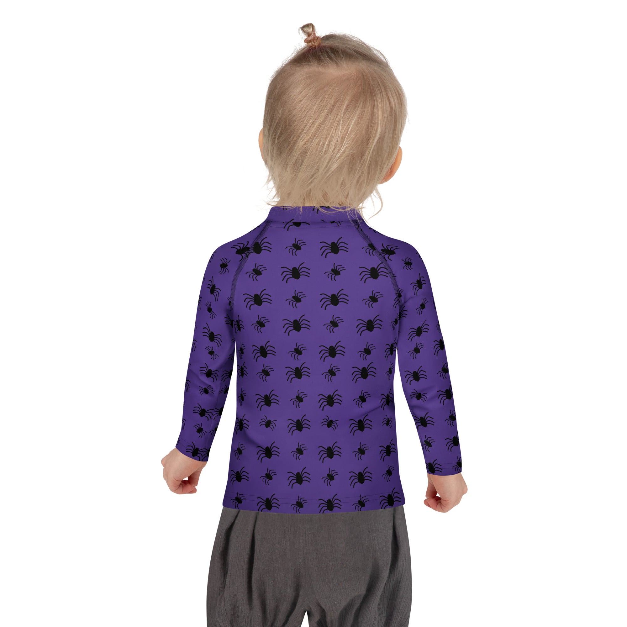 Kids Purple Halloween Spiders Long Sleeve Rash Guard Swim Shirt – Buttery Soft, Sun Safe UPF 50+ Protection, Quick Dry & 4-Way Stretch Comfort