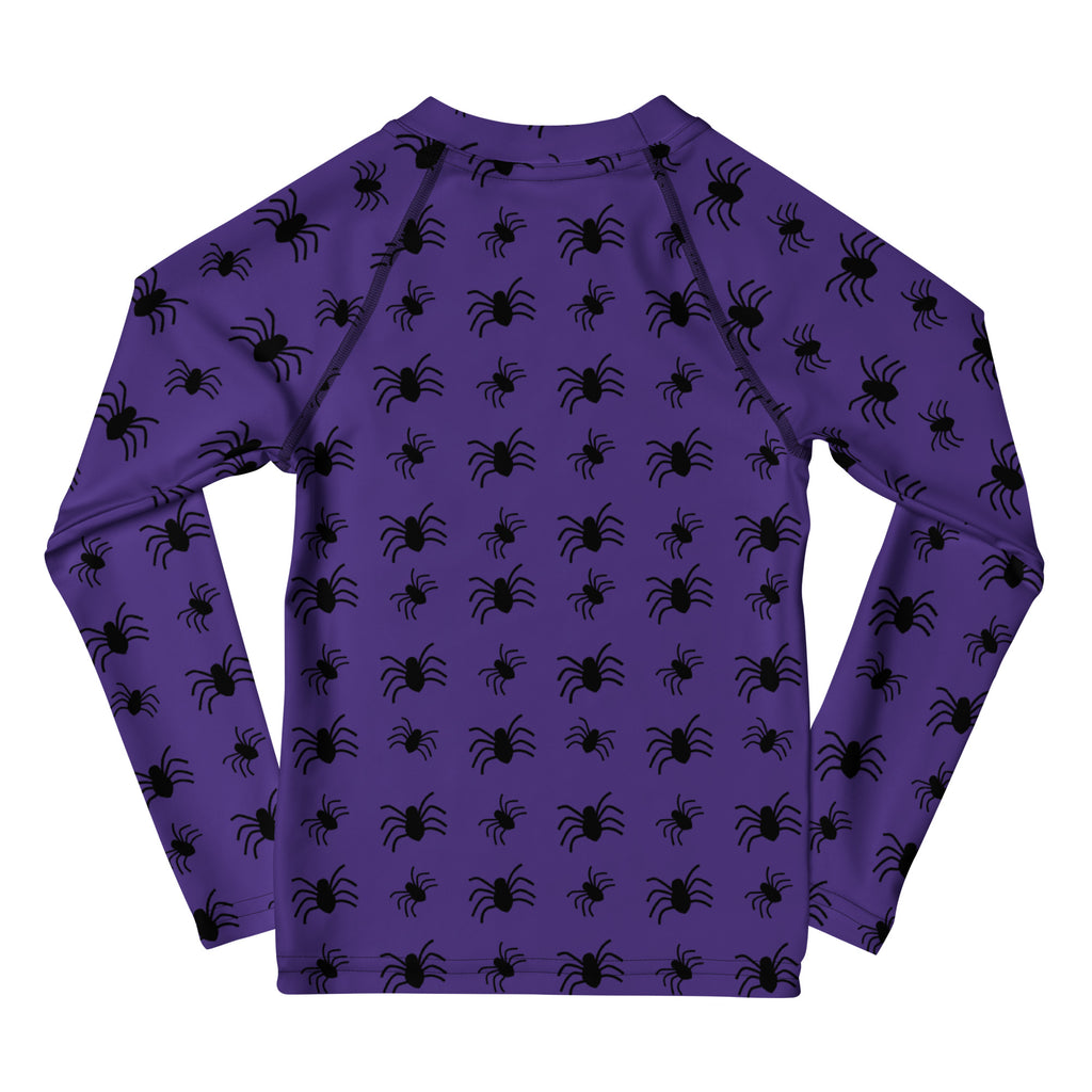 Kids Purple Halloween Spiders Long Sleeve Rash Guard Swim Shirt – Buttery Soft, Sun Safe UPF 50+ Protection, Quick Dry & 4-Way Stretch Comfort