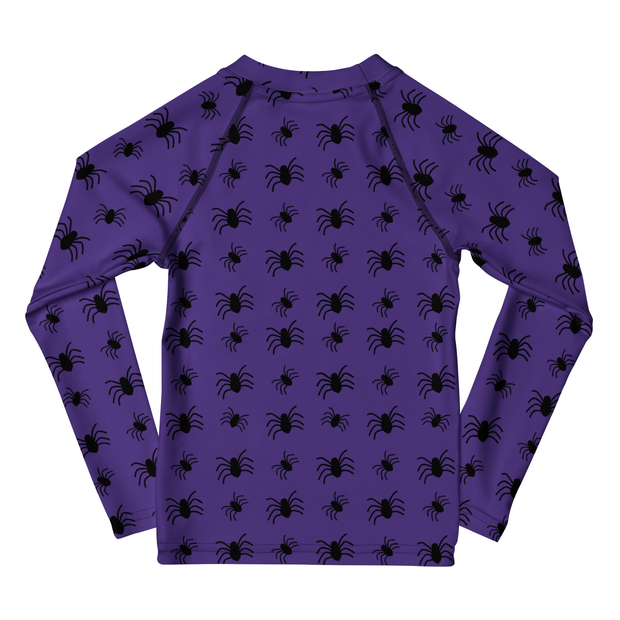 Kids Purple Halloween Spiders Long Sleeve Rash Guard Swim Shirt – Buttery Soft, Sun Safe UPF 50+ Protection, Quick Dry & 4-Way Stretch Comfort