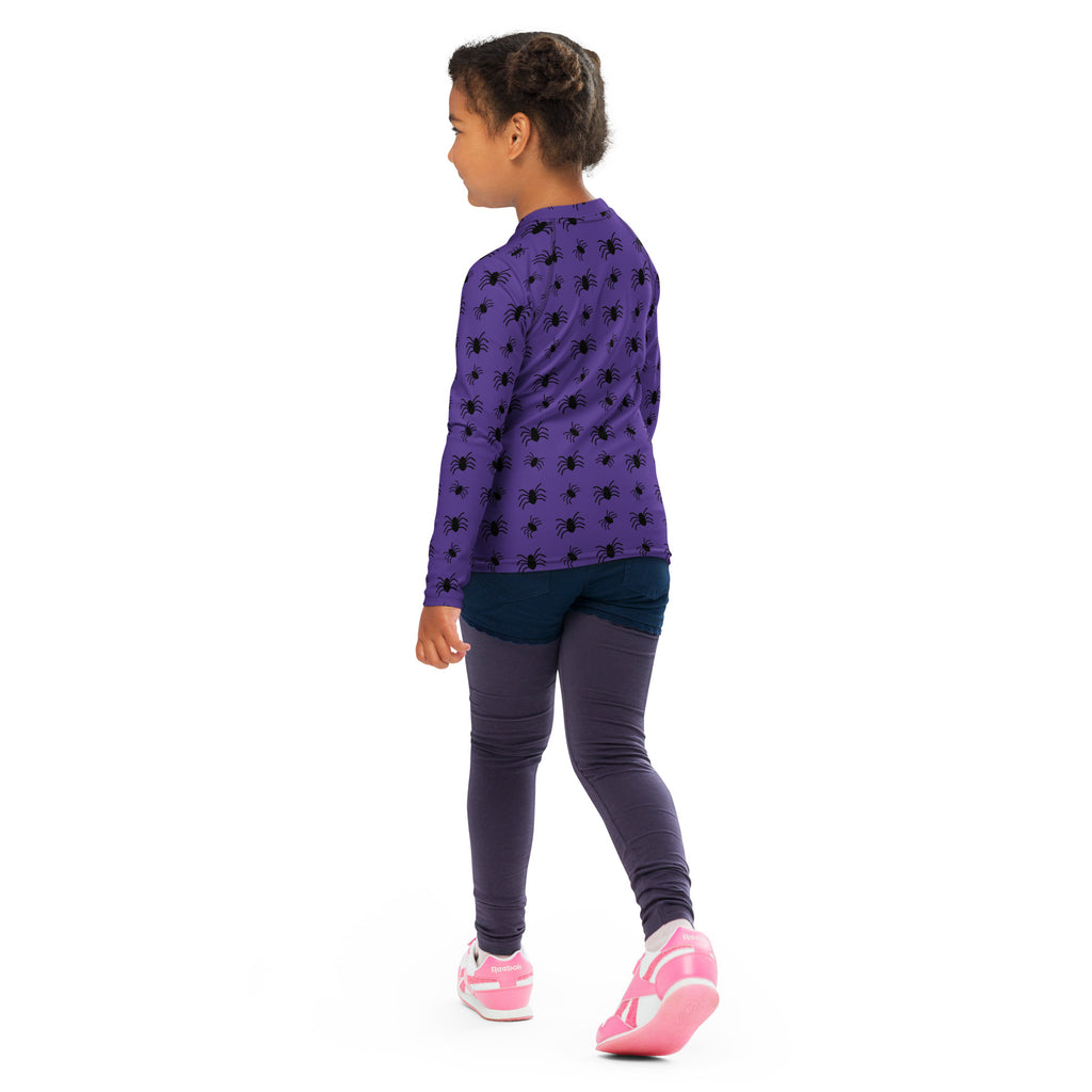 Kids Purple Halloween Spiders Long Sleeve Rash Guard Swim Shirt – Buttery Soft, Sun Safe UPF 50+ Protection, Quick Dry & 4-Way Stretch Comfort