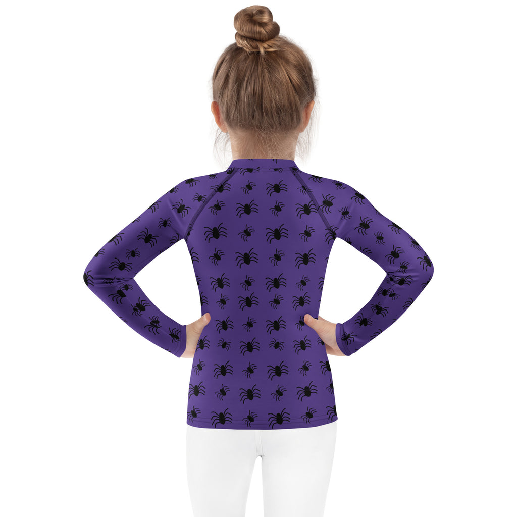 Kids Purple Halloween Spiders Long Sleeve Rash Guard Swim Shirt – Buttery Soft, Sun Safe UPF 50+ Protection, Quick Dry & 4-Way Stretch Comfort