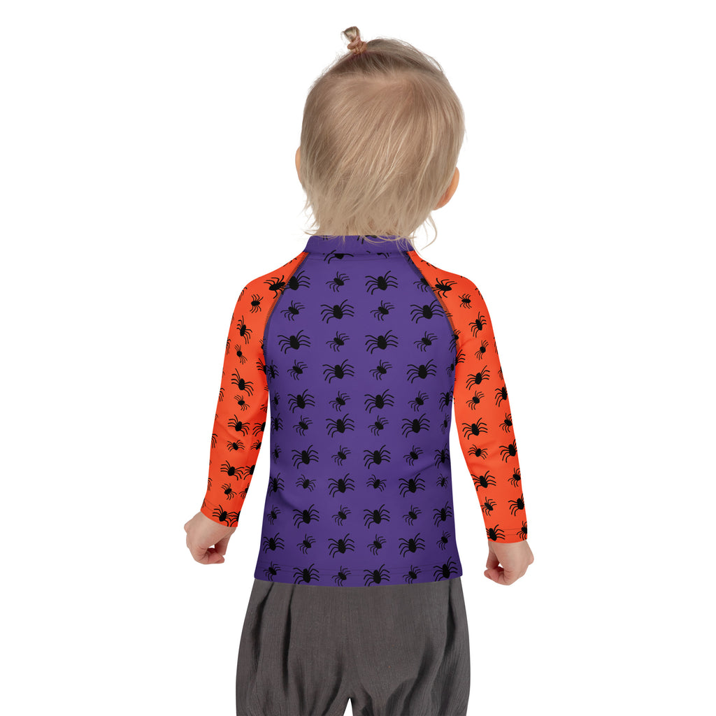 Kids Halloween Spiders Long Sleeve Rash Guard Swim Shirt – Buttery Soft, Sun Safe UPF 50+ Protection, Quick Dry & 4-Way Stretch Comfort