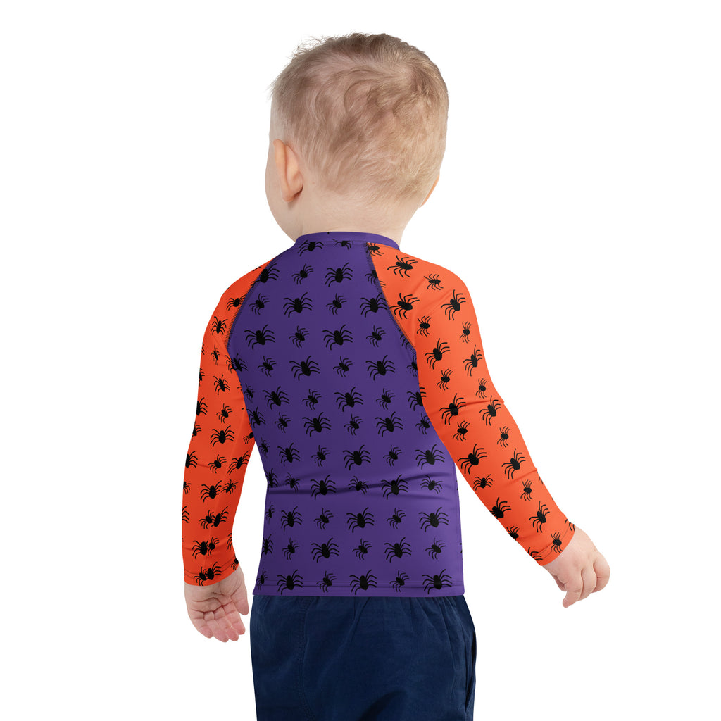 Kids Halloween Spiders Long Sleeve Rash Guard Swim Shirt – Buttery Soft, Sun Safe UPF 50+ Protection, Quick Dry & 4-Way Stretch Comfort
