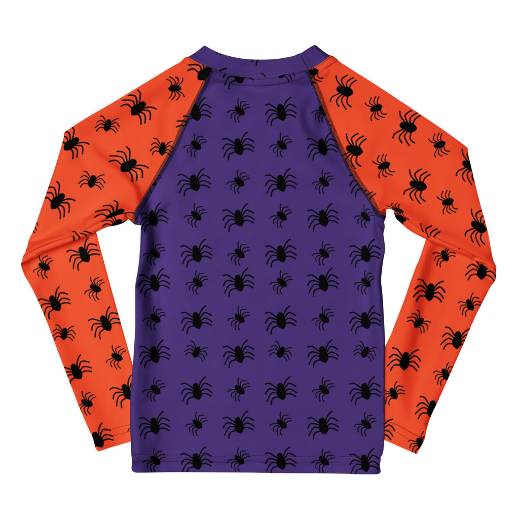 Kids Halloween Spiders Long Sleeve Rash Guard Swim Shirt – Buttery Soft, Sun Safe UPF 50+ Protection, Quick Dry & 4-Way Stretch Comfort