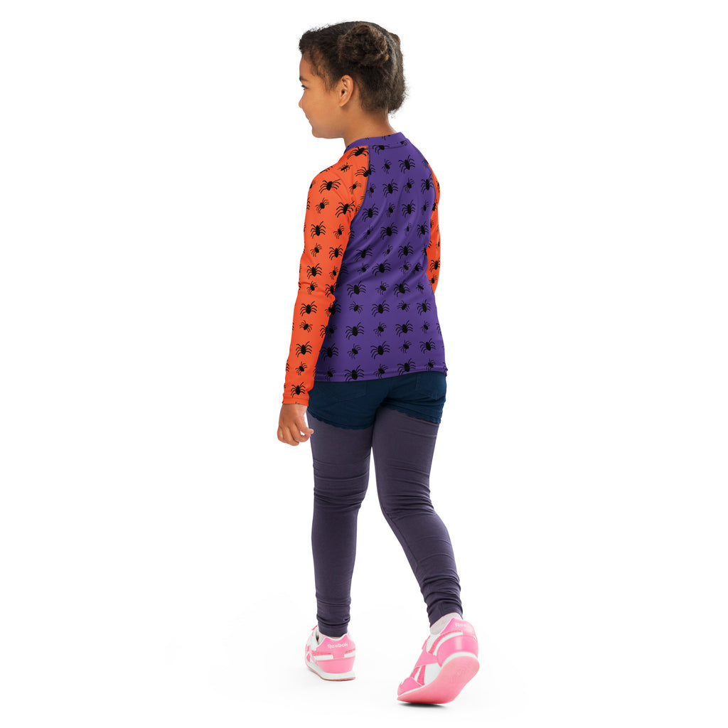 Kids Halloween Spiders Long Sleeve Rash Guard Swim Shirt – Buttery Soft, Sun Safe UPF 50+ Protection, Quick Dry & 4-Way Stretch Comfort