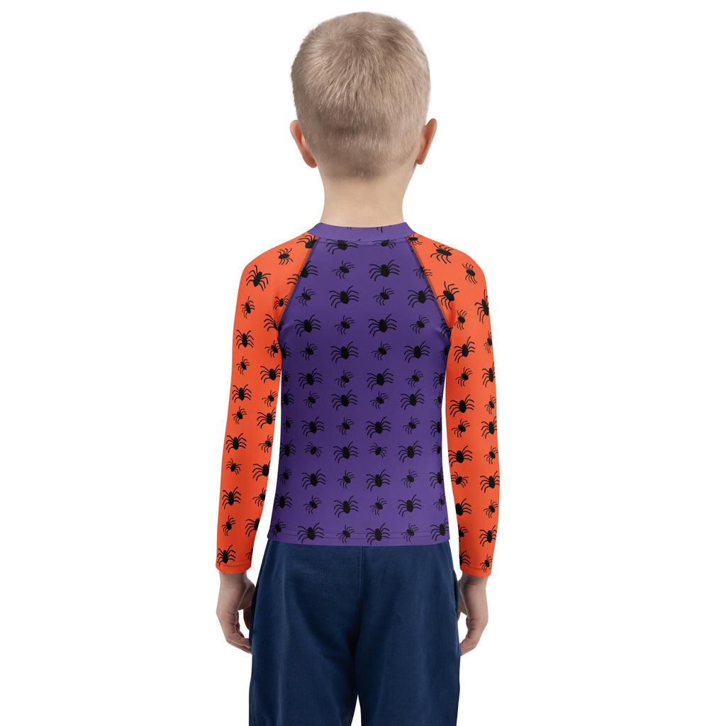 Kids Halloween Spiders Long Sleeve Rash Guard Swim Shirt – Buttery Soft, Sun Safe UPF 50+ Protection, Quick Dry & 4-Way Stretch Comfort
