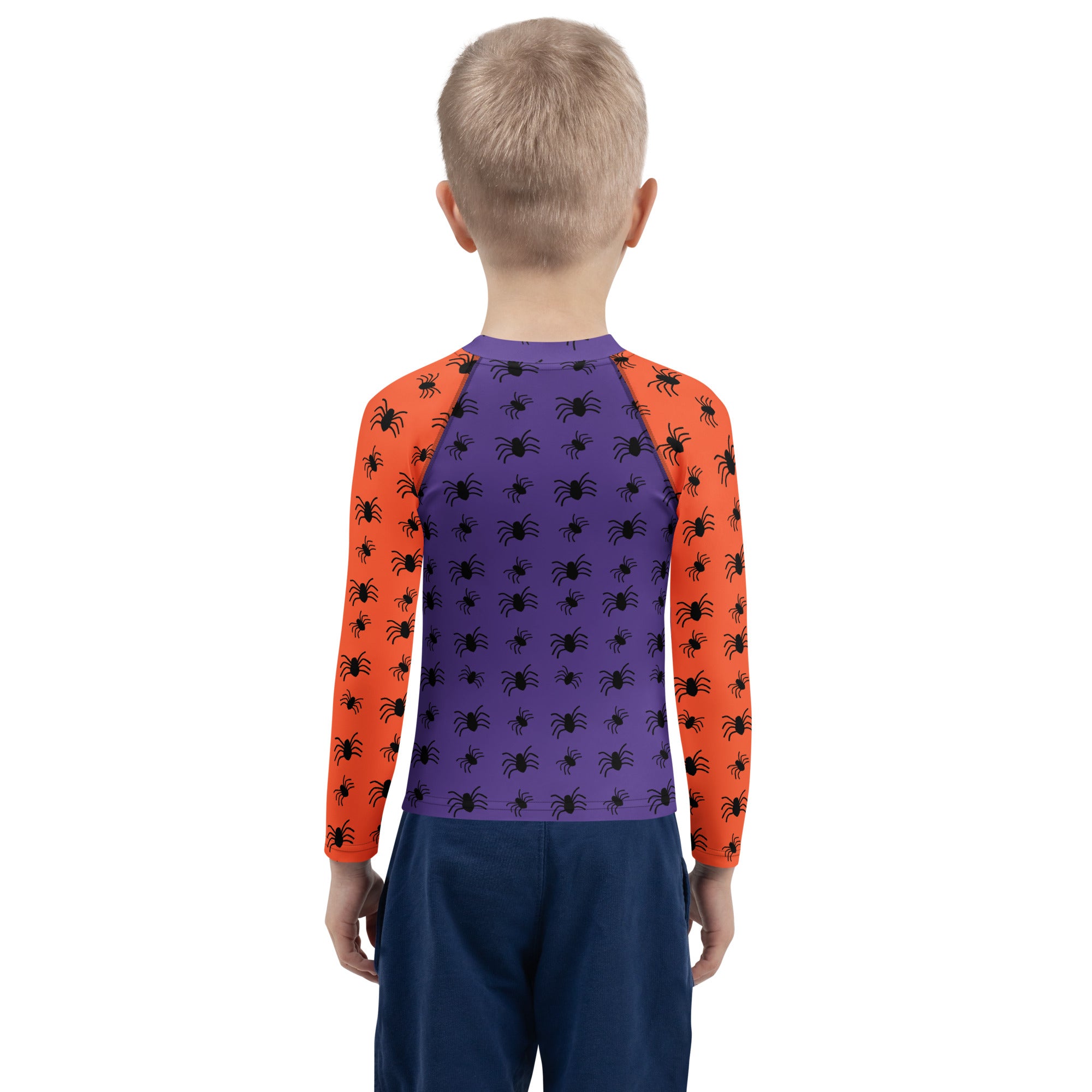 Kids Halloween Spiders Long Sleeve Rash Guard Swim Shirt – Buttery Soft, Sun Safe UPF 50+ Protection, Quick Dry & 4-Way Stretch Comfort