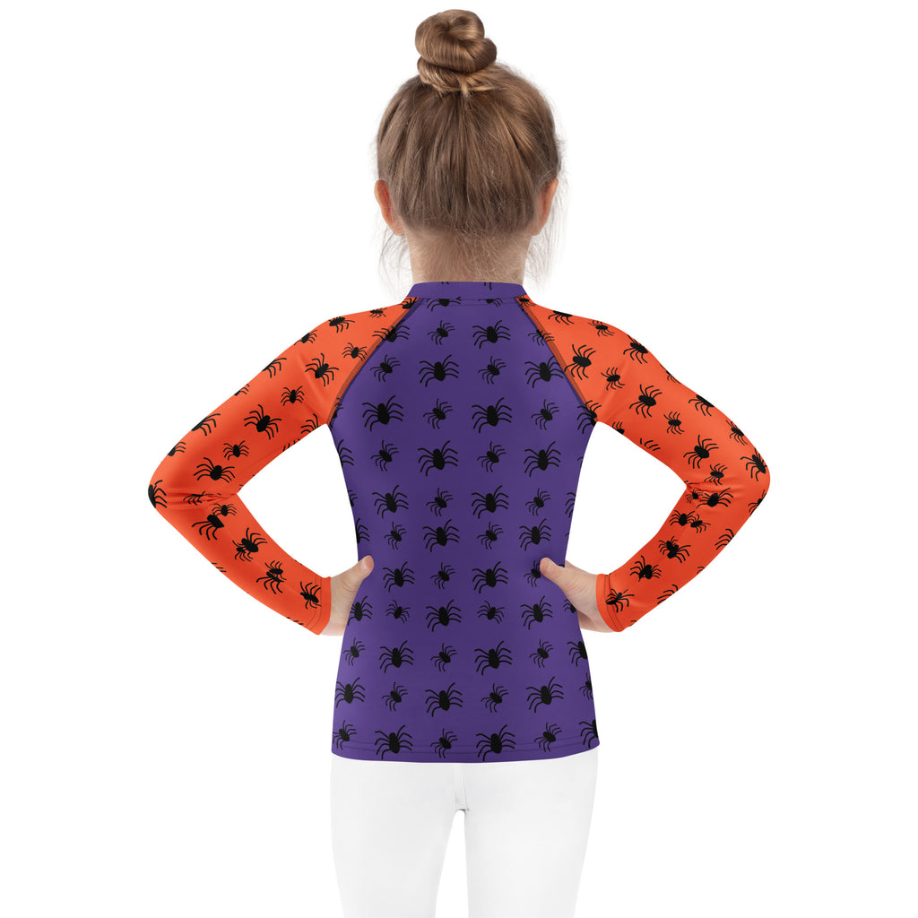 Kids Halloween Spiders Long Sleeve Rash Guard Swim Shirt – Buttery Soft, Sun Safe UPF 50+ Protection, Quick Dry & 4-Way Stretch Comfort