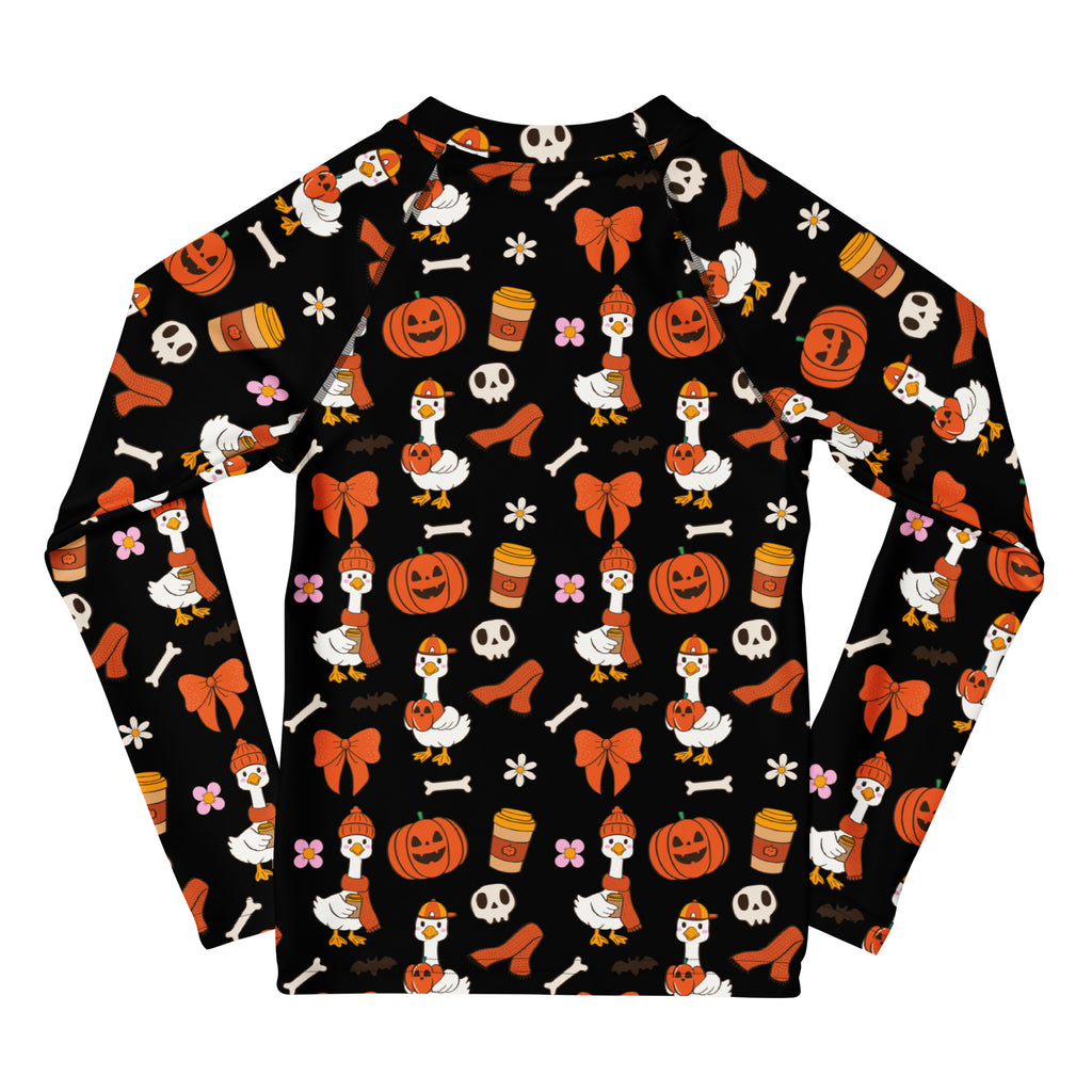 Girls Cute Halloween Goose Long Sleeve Rash Guard Swim Shirt – Buttery Soft, Sun Safe UPF 50+ Protection, Quick Dry & 4-Way Stretch Comfort