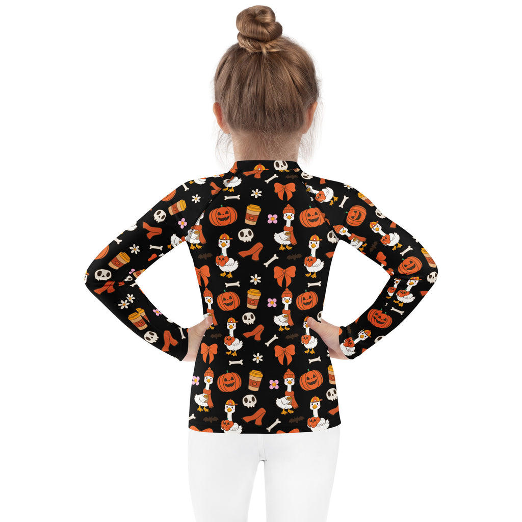 Girls Cute Halloween Goose Long Sleeve Rash Guard Swim Shirt – Buttery Soft, Sun Safe UPF 50+ Protection, Quick Dry & 4-Way Stretch Comfort