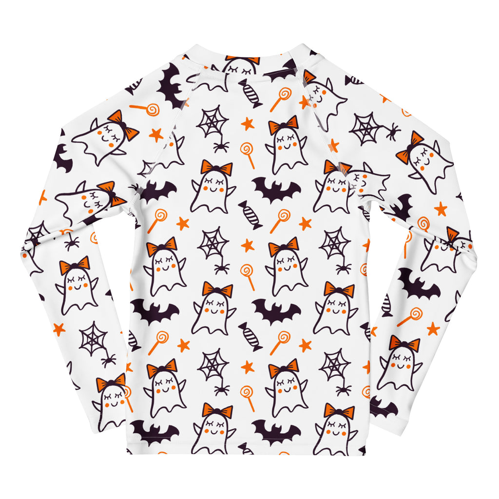 Girls Cute Ghosts With Bows Long Sleeve Rash Guard Swim Shirt – Buttery Soft, Sun Safe UPF 50+ Protection, Quick Dry & 4-Way Stretch Comfort