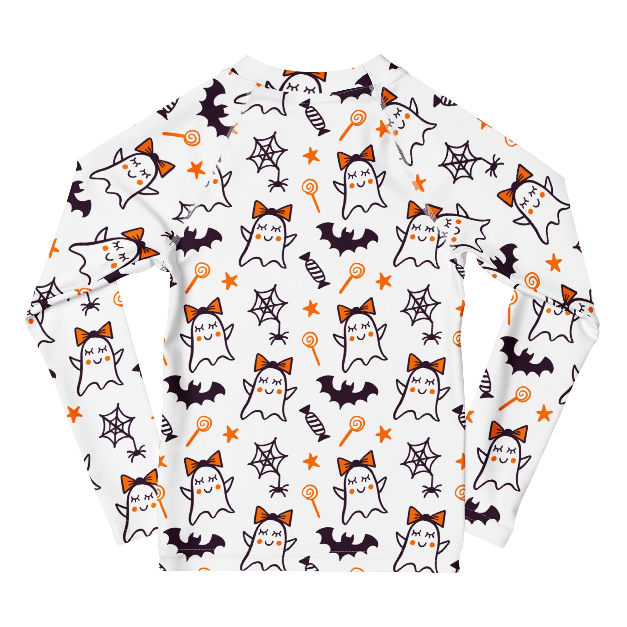 Girls Cute Ghosts With Bows Long Sleeve Rash Guard Swim Shirt – Buttery Soft, Sun Safe UPF 50+ Protection, Quick Dry & 4-Way Stretch Comfort