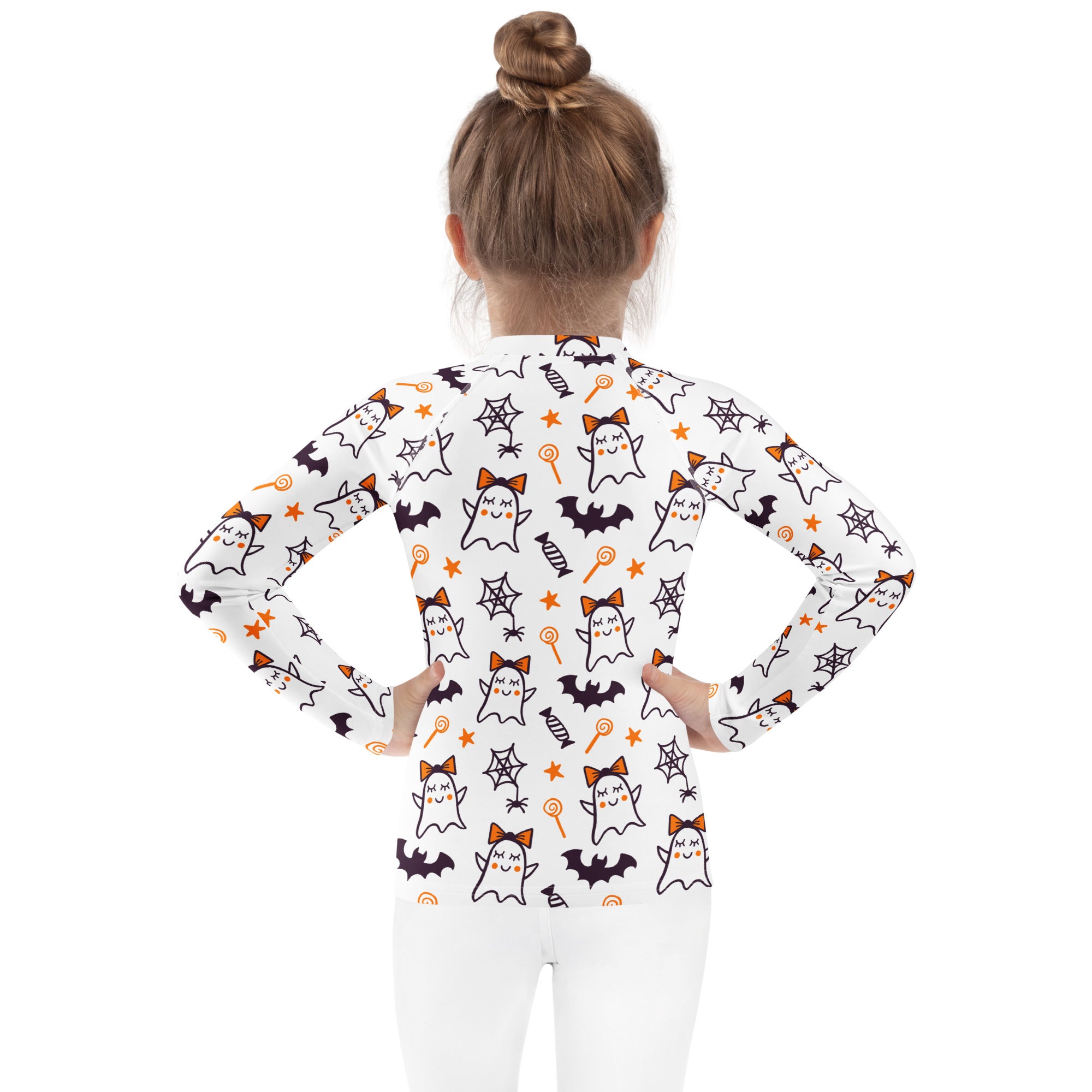 Girls Cute Ghosts With Bows Long Sleeve Rash Guard Swim Shirt – Buttery Soft, Sun Safe UPF 50+ Protection, Quick Dry & 4-Way Stretch Comfort