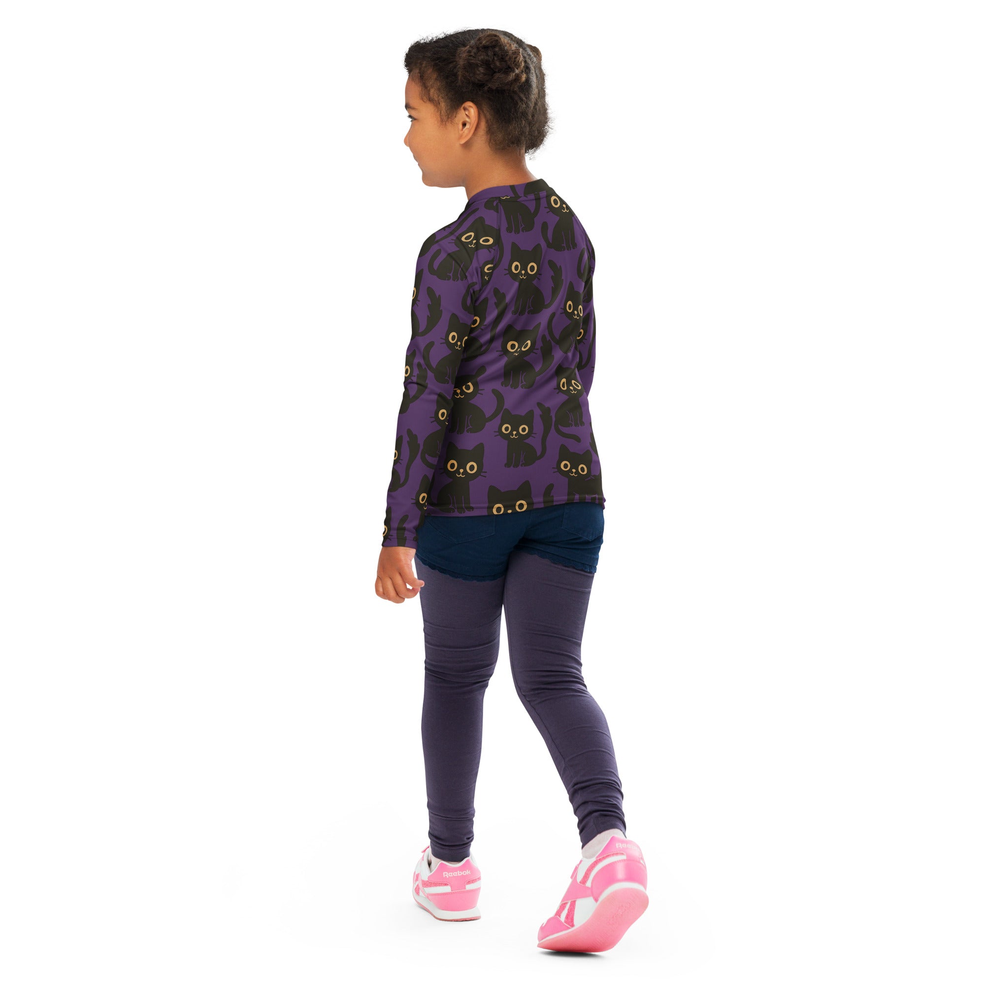 Girls Black Cats Halloween Long Sleeve Rash Guard Swim Shirt – Buttery Soft, Sun Safe UPF 50+ Protection, Quick Dry & 4-Way Stretch Comfort