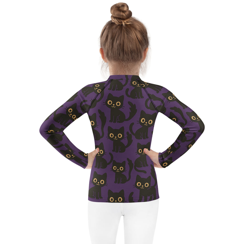 Girls Black Cats Halloween Long Sleeve Rash Guard Swim Shirt – Buttery Soft, Sun Safe UPF 50+ Protection, Quick Dry & 4-Way Stretch Comfort