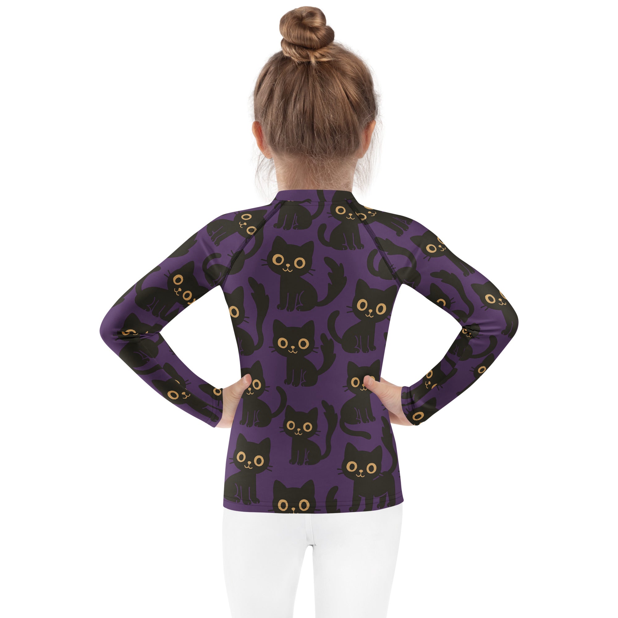 Girls Black Cats Halloween Long Sleeve Rash Guard Swim Shirt – Buttery Soft, Sun Safe UPF 50+ Protection, Quick Dry & 4-Way Stretch Comfort