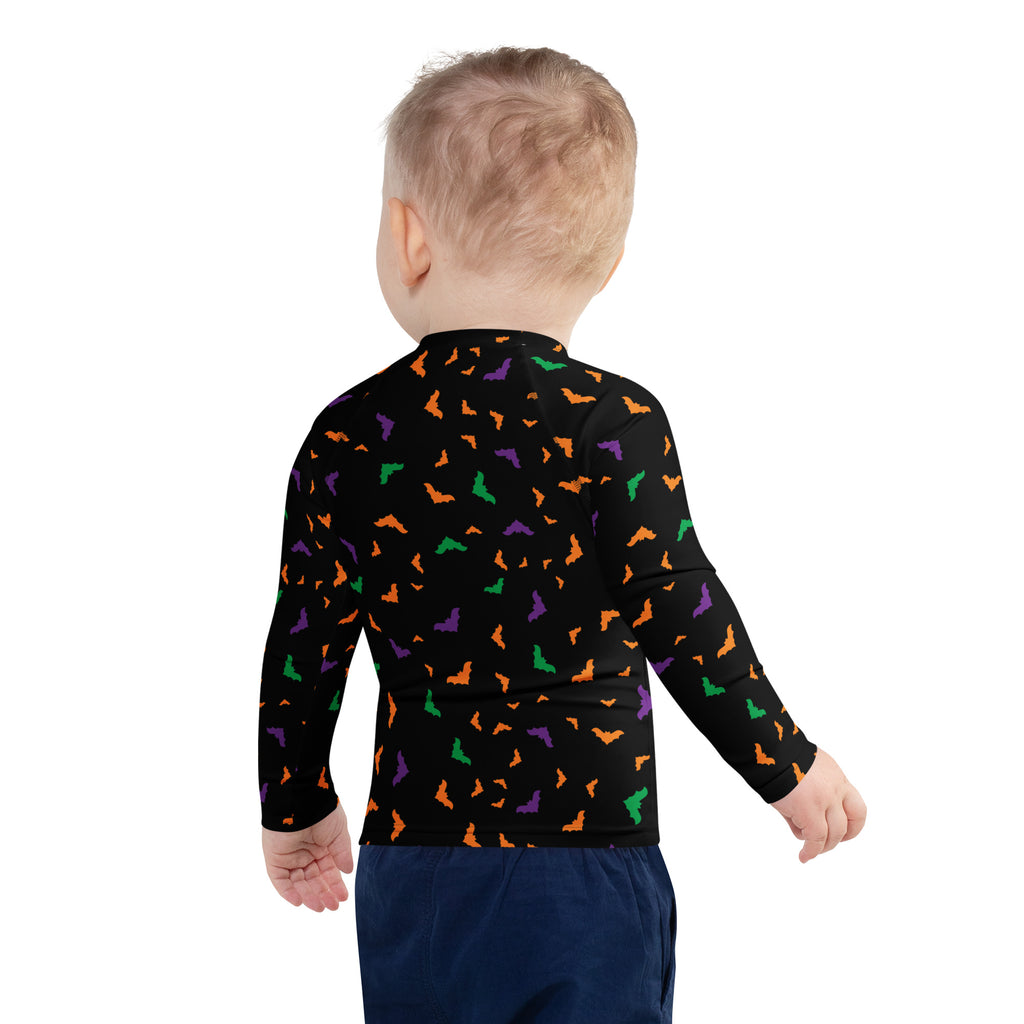 Kids Colorful Halloween Bats Long Sleeve Rash Guard Swim Shirt – Buttery Soft, Sun Safe UPF 50+ Protection, Quick Dry & 4-Way Stretch Comfort