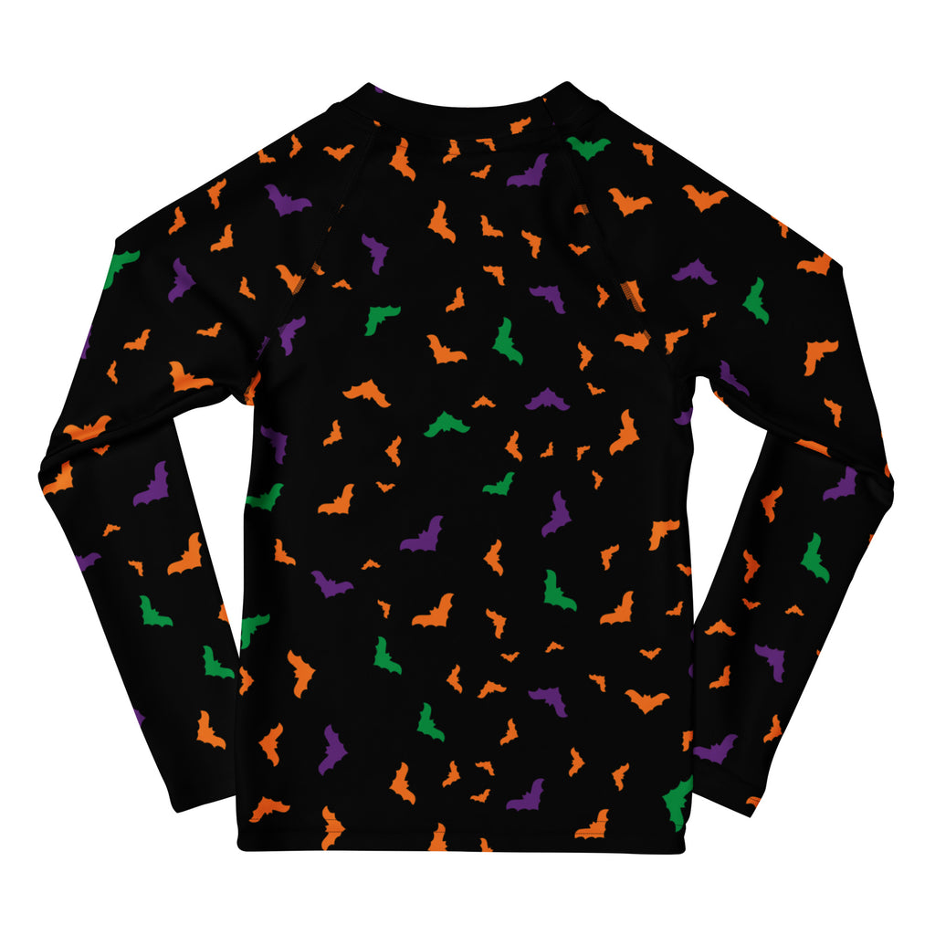 Kids Colorful Halloween Bats Long Sleeve Rash Guard Swim Shirt – Buttery Soft, Sun Safe UPF 50+ Protection, Quick Dry & 4-Way Stretch Comfort