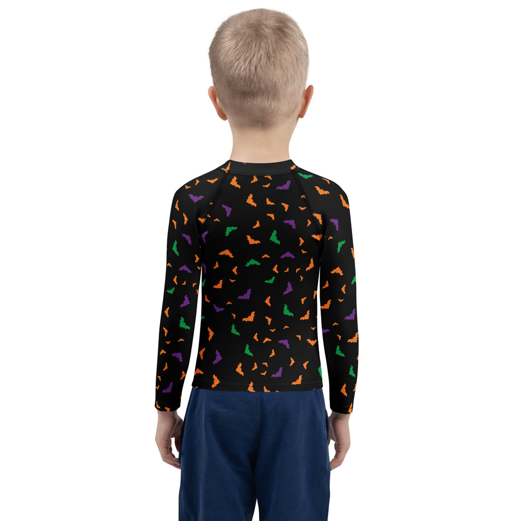 Kids Colorful Halloween Bats Long Sleeve Rash Guard Swim Shirt – Buttery Soft, Sun Safe UPF 50+ Protection, Quick Dry & 4-Way Stretch Comfort
