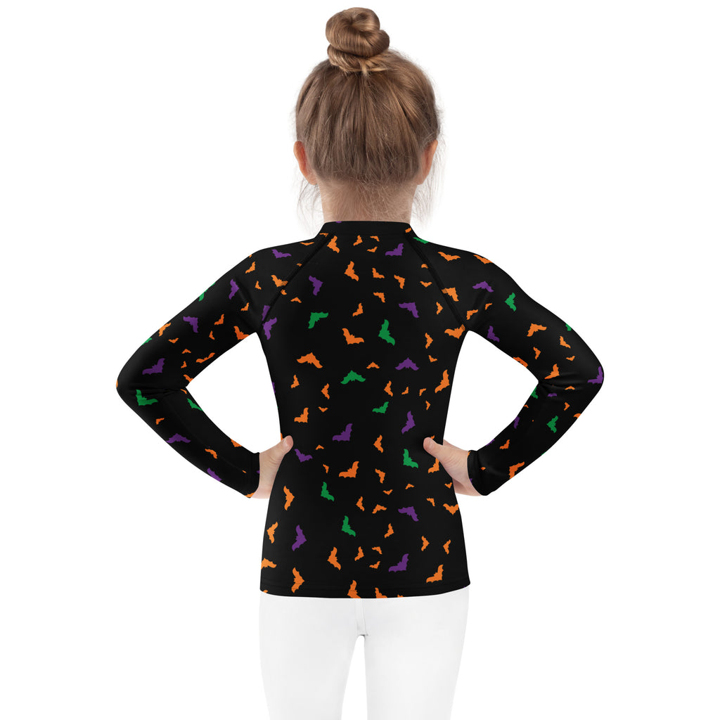 Kids Colorful Halloween Bats Long Sleeve Rash Guard Swim Shirt – Buttery Soft, Sun Safe UPF 50+ Protection, Quick Dry & 4-Way Stretch Comfort