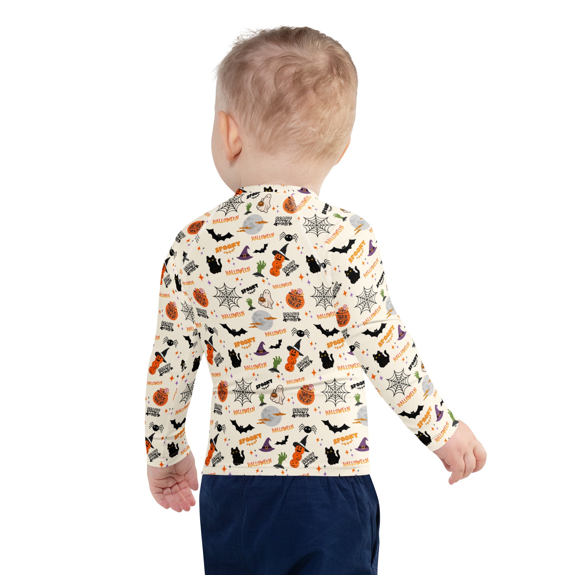 Kids Halloween Icons Long Sleeve Rash Guard Swim Shirt – Buttery Soft, Sun Safe UPF 50+ Protection, Quick Dry & 4-Way Stretch Comfort