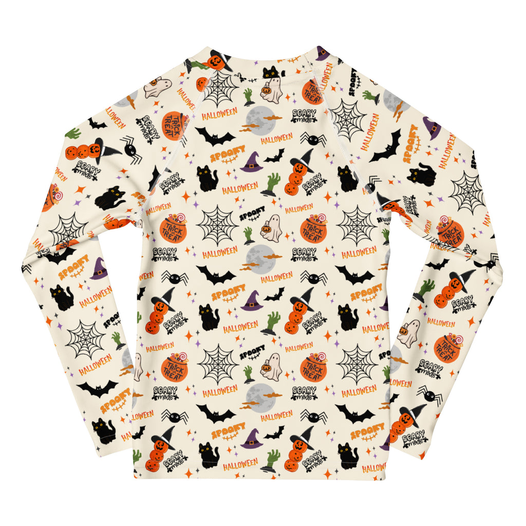 Kids Halloween Icons Long Sleeve Rash Guard Swim Shirt – Buttery Soft, Sun Safe UPF 50+ Protection, Quick Dry & 4-Way Stretch Comfort