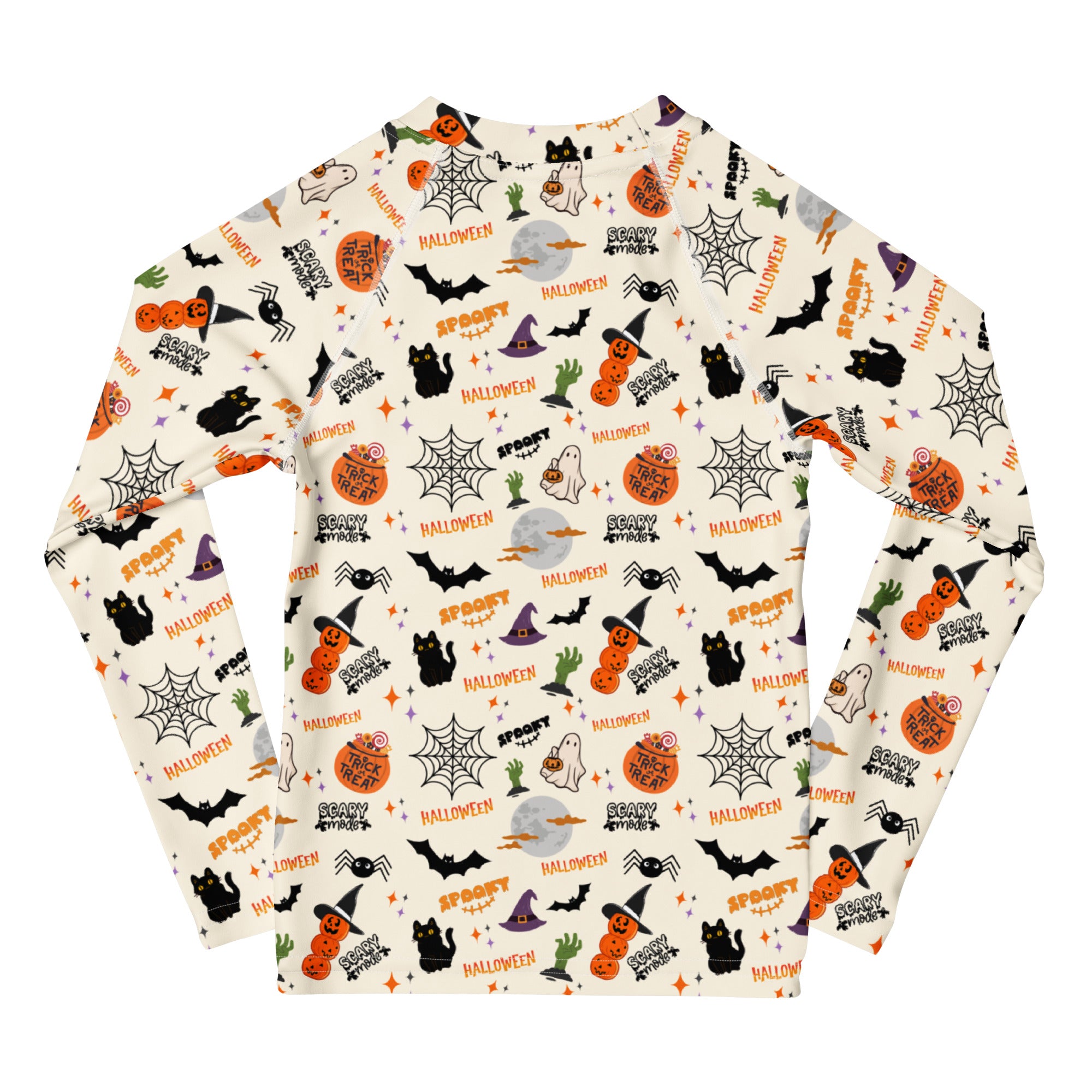 Kids Halloween Icons Long Sleeve Rash Guard Swim Shirt – Buttery Soft, Sun Safe UPF 50+ Protection, Quick Dry & 4-Way Stretch Comfort