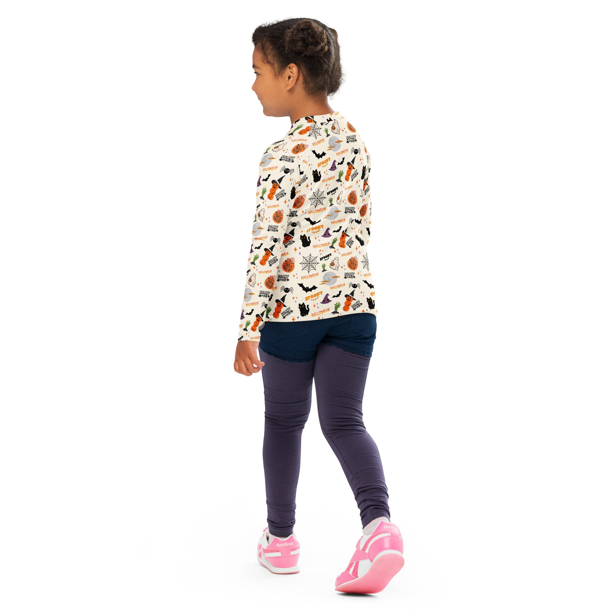 Kids Halloween Icons Long Sleeve Rash Guard Swim Shirt – Buttery Soft, Sun Safe UPF 50+ Protection, Quick Dry & 4-Way Stretch Comfort